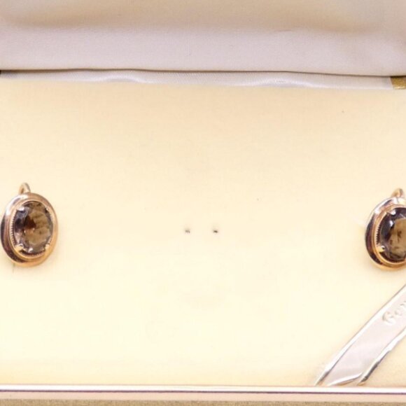 Vintage AMCO Jewels; 14K Overlay; Smoky Quartz Screw On Earrings; 0.5" - Picture 6 of 7